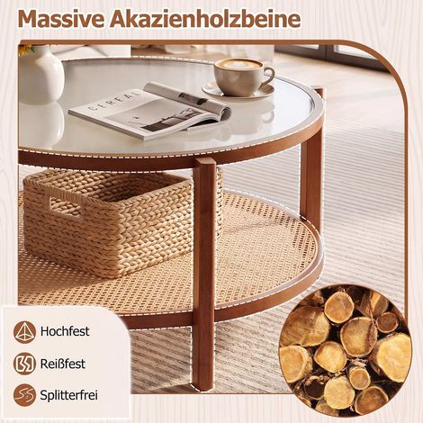 Rattan Coffee Table with Frosted Glass Top and Wood Legs (1/5)