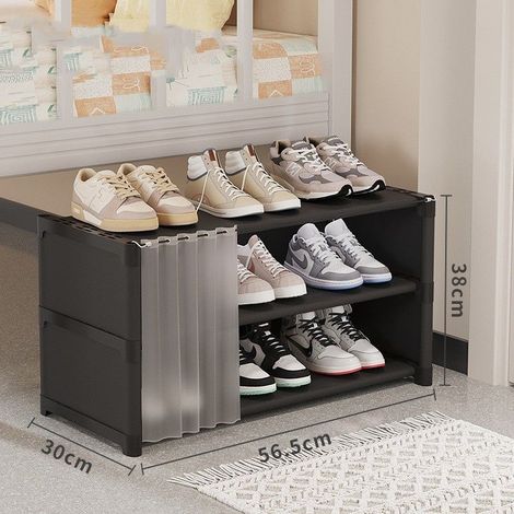 Meuble à chaussures, Armoire à chaussures simple à trois niveaux avec rideau de porte - Noir (1/4)