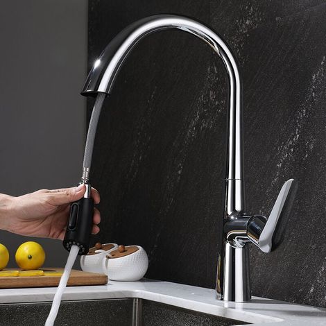 Grifo giratorio para fregadero de cocina con cuello de cisne de cobre completo, extraíble, con bola de agua fría y caliente, para balcón, modelo plateado cromado, modelo principal (1/5)
