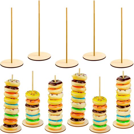Support Donut En Bois - 5 Pièces - Diamètre 12 cm - Hauteur 18 cm - Pour Mariage Fête Anniversaire - Lot Complet (1/5)