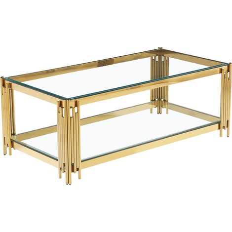Table Basse FLUTE Rectangle Double Plateau Verre Trempé Transparent Structure Gold 120x60x45cm (1/5)