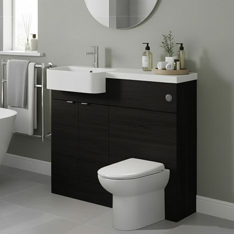 Hudson Reed Fusion LH Combination Unit with Round Semi Recessed Basin 1000mm Wide - Charcoal Black Woodgrain (1/5)