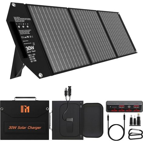 30W Chargeurs Solaires Portable avec 5 Ports, 18V MC4 Haute Sortie / 18V DC/QC 3.0 USB-A et USB-C (PD 18W) Chargeur Solaire Randonnée pour Téléphones Portables, Powerbank, Camping (1/5)