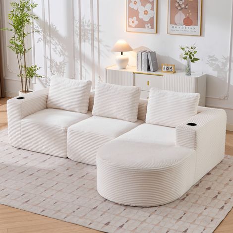 Canapé 2 Places - 265x176x60cm - Convertible avec 3 Coussins et 2 Porte-Gobelets - Velours Côtelé Design - Beige (1/5)
