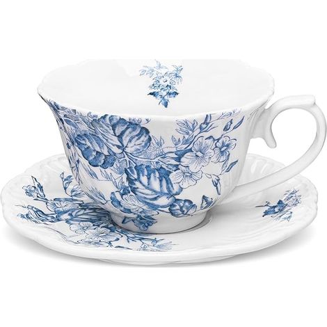 Ensembles tasse et soucoupe, tasses à thé en porcelaine à fleurs bleues, tasse à café et assiette élégantes pour goûter, de 250 ml (1/5)