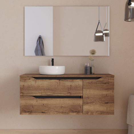 Meuble de salle de bain 120cm avec plateau, vasque à poser déportée à gauche Ares et miroir - 2 tiroirs et un placard - tabaco (bois foncé) - ZARZA