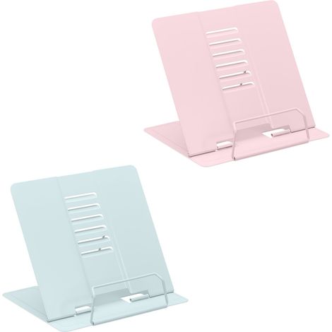 Relaxdays Atril para Libros, Set de 2, Soporte Recetas, Ajustable en 6 Niveles, con Pinza, Cocina, Acero, Azul/Rosa