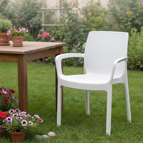 Dmora - Sillas de Jardín Dmoll, Asiento de jardín, Silla para mesa de comedor, Sillón de exterior efecto ratán, 100% Made in Italy, 54x60h82 cm, Blanco