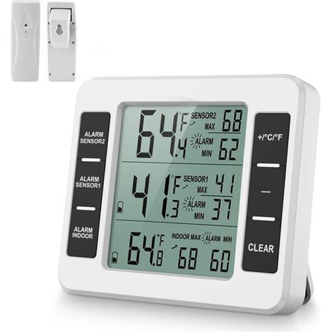 Thermomètre de réfrigérateur numérique,écran LCD, thermomètre de réfrigérateur intérieur/extérieur avec 2 capteurs sans fil et alarme audio pour la maison, le restaurant et le bar, Thermomètre (1/4)
