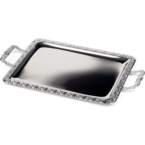 Plateau de Service Rectangulaire - 1 Pièce - Acier Inoxydable et Zinc Chromé - Bord Décoratif et Poignées Rivetées - Pour Restaurant et Maison - 60 x 36 cm Argent (1/5)