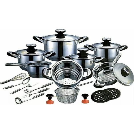 TRADE SHOP - Set Batteria Di Pentole Cucina In Accaio Inox 25pz Induzione Coperchi Con Manopola Termica - (1/2)