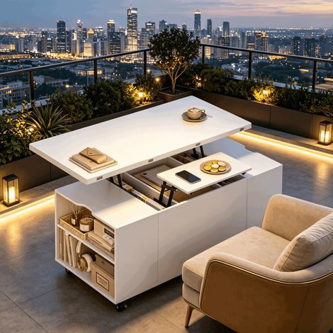 Table basse relevable mobile 50.5x100x53 cm, plateau extensible, 5 roulettes verrouillables, tiroir, rangements, bureau repas, salon (1/5)