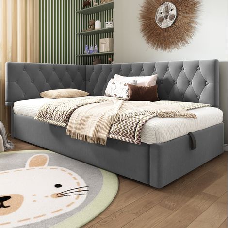 Cama dormitorio juvenil con almacenamiento gris OKMYHOME (1/5)