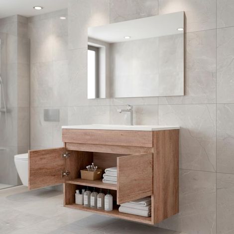 Mobiletto Bagno Sospeso Mobile Legno Con 2 Ante Ripiani e Vani Aperti Lavabo In Ceramica Con Specchio E Led Design Moderno Nordico La Brea 80 x 45 x 64 Cm Rovere - Set: Mobile Lavabo e Specchio (1/5)