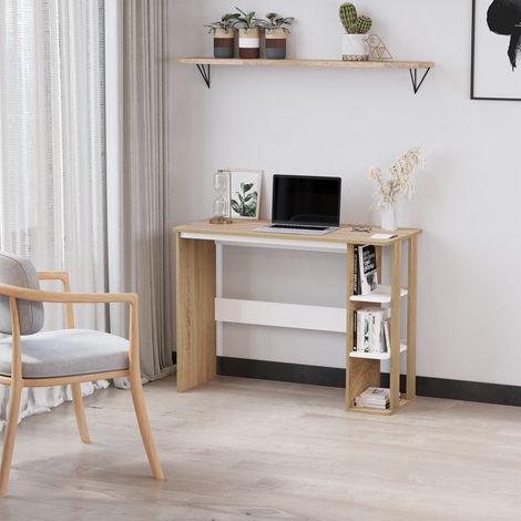 Bureau en bois chêne clair blanc 100x44x74 cm avec 3 étagères latérales