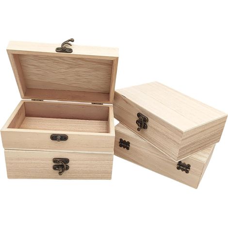 Lot de 4 petites boîtes en bois brut rustique avec fermoir de verrouillage pour décoration de table de maison - 15 x 10 x 5 cm (1/5)