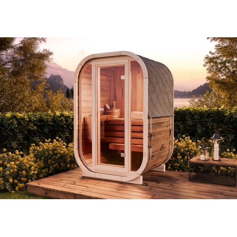 FinnTherm Fasssauna Ellipso S Fasssauna 1 Sitzbänke aus Holz , Sauna mit 42 mm Wandstärke, Außensauna mit Montagematerial