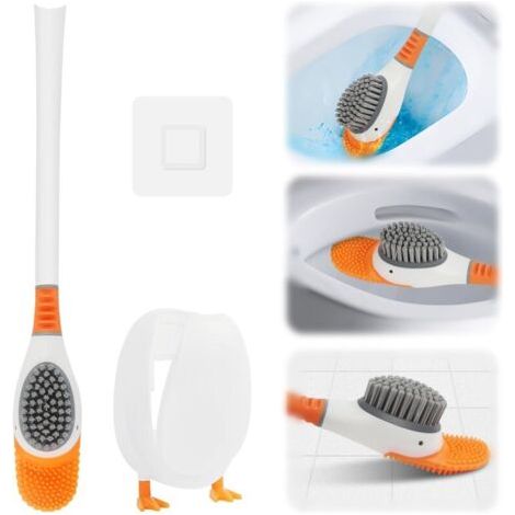 Kreatives Toilettenbürsten-Set aus Silikon in Entenform mit einziehbarer, flexibler, flacher Silikonbürste und Halterung für Zuhause, Hotel und Schule