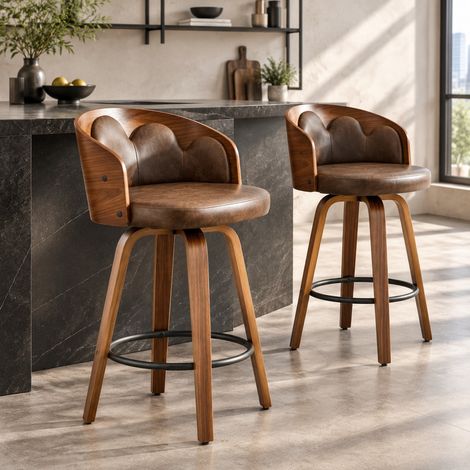 Set di 2 sgabelli da bar con schienale a fiore, legno curvato e PU marrone DESVIAE (1/5)