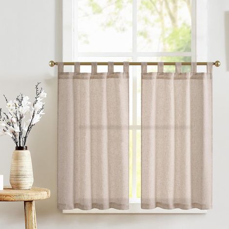 Lot de 2 Rideaux, Lin et Polyester, Boucles Supérieures, Marron, Pour Cuisine Salon Chambre