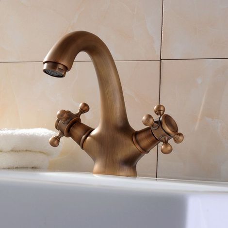 Robinet de lavabo de salle de bain en laiton antique, robinet mélangeur d'eau chaude et froide, robinet de lavabo de douche élégant adapté à la cuisine et à la salle de bain, lavabo de style vintage
