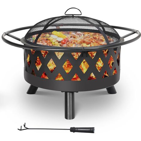 Feuerschale, Ø 80cm Feuerkorb mit Funkenschutz und Schürhaken, Feuerschalen für den Garten Groß, BBQ Feuerstelle Outdoor mit Grill, 3PCS Beine, Retro-Look Fire Pit, Zum Grillen und Heizen (1/5)