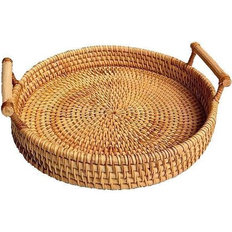 Plateau de rangement rond en rotin Plateau rond en rotin avec poignée Panier en osier tissé à la main avec poignée pour présentoir de petit-déjeuner aux fruits à pain (22x3,5 cm). 1 pc (1/3)