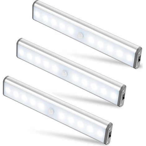 Lot de 3 Lampes 10 LED, Sans Fil, Rechargeable par USB, Aimanté, Détecteur de Mouvement, 2 Modes d’Éclairage, Portable. Lumière de Placard, Baladeuse de Secours, Veilleuse Enfant, Appoint