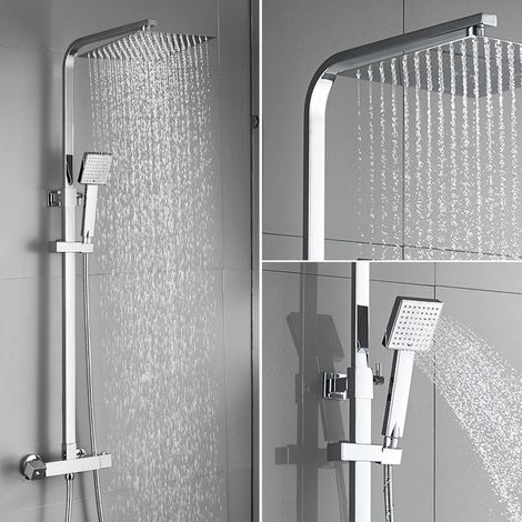 Auralum Thermostat Duschsystem, Regendusche mit Thermostatarmatur, quadratisches Duschset mit Kopfbrause, Handbrause und höhenverstellbarer Duschsäule, Chrom