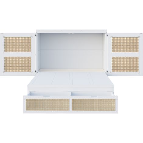 Cama abatible 140 x 200 cm blanca con somier de lamas, almacenaje y diseño ratán, HOMVRA (1/5)