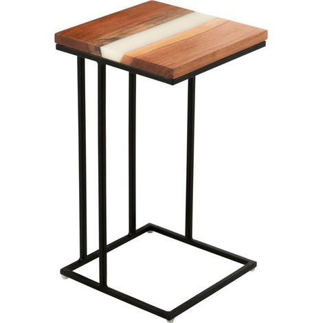 Table d'appoint carrée 31x56 cm en résine blanc et acacia - REZIN (1/5)