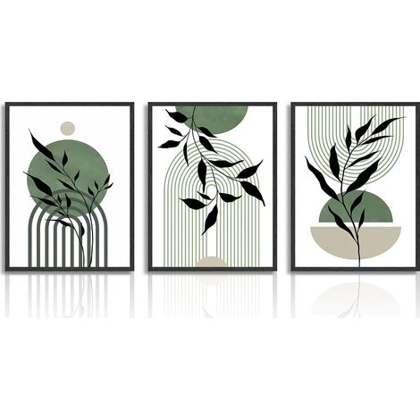 Art Mural Vert, Tableau Décoration Murale Minimaliste Abstraite Géométrique Botanique, Affiche Moderne pour Salon Chambre Salle de Bain 30x40 cm Sans Cadre, Lot de 3