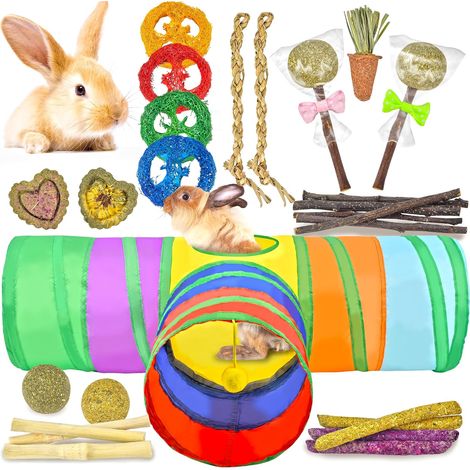 26-in-1 Natural Rabbit Toys with Folding Tunnel Rabbit Various Chew Toys and Hiding Places for Small Animals, Teething Activity (1/5)