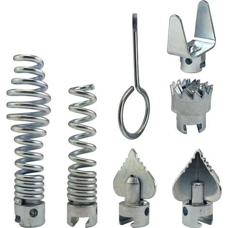 7-teiliges Rohrreinigungswerkzeug, Kombi-Schneidköpfe, 16 mm Stahl, automatische Verriegelung, Abflussreiniger für Zuhause und Küche, silberfarben