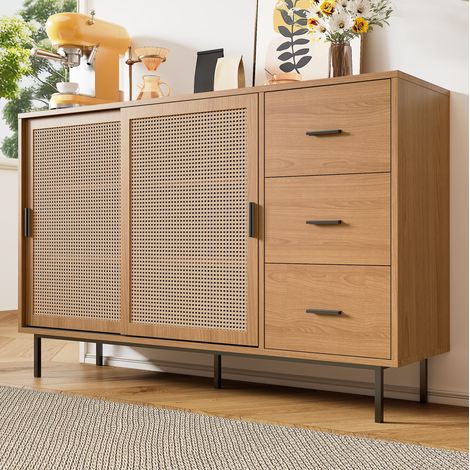 Buffet 140x37x91 cm naturel en panneaux de particules avec 2 portes coulissantes en rotin et 3 tiroirs (1/5)