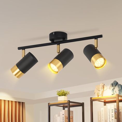 ZMH Spot de Plafond Spots de Plafond 3 Ampoules GU10 - Lampe de Cuisine Spot Mural Rotatif à 350° Noir Or Spot Vintage Couloir Spot Industriel pour Cuisine Salon Chambre (1/5)