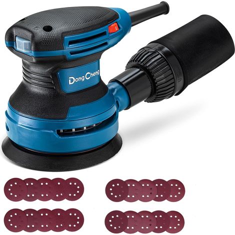 Ponceuse excentrique 380W, 125mm, 8.000-12.800 tr/min 6 vitesses, Faible vibration, Avec bac de collecte et raccord pour aspirateur, Inclus 20 feuilles abrasives pour bois (1/5)