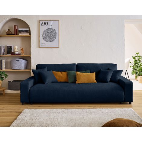 Pivoine - 3-sitzer einzelsofa - schlaffunktion und bettkasten - aus strukturiertem samt - blau