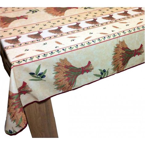 Nappe de Table Provençale Rectangle 150x300 cm, motif Bouquet De Blé Anti-Tâche, 100% Polyester coloris Beige (1/3)