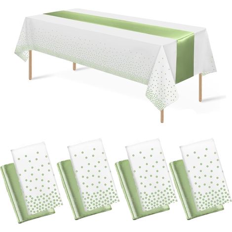 Lot de 8 nappes rectangulaires jetables en plastique pour fêtes, événements et mariages, intérieur et extérieur, 137 x 274 cm (blanc et vert sauge, 137 x 274 cm + 30 x 274 cm) (1/5)