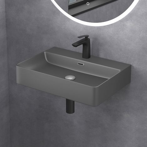 doporro Lavabo à Poser Gris Noir Mat Vasque Suspendu en Céramique Lave Mains Rectangulaire de Qualité pour Salle de Bain 60x42x12cm Meissen201-600