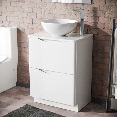 Merton White 600mm Bathroom Freestanding Vanity Unit With Round Ceramic Countertop 420mm Basin (1/5)
