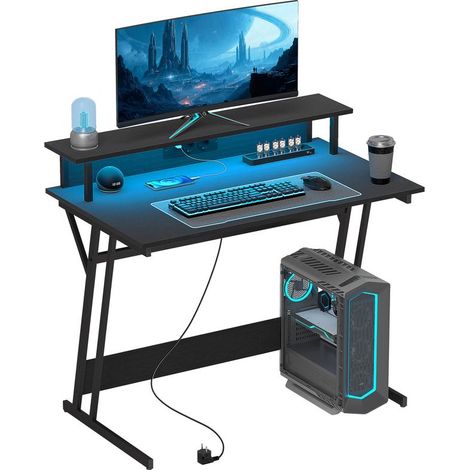 Bureau gaming noir avec LED 100x60 cm, alimentation pour écran, étagères et télécommande, confort gamer connecté