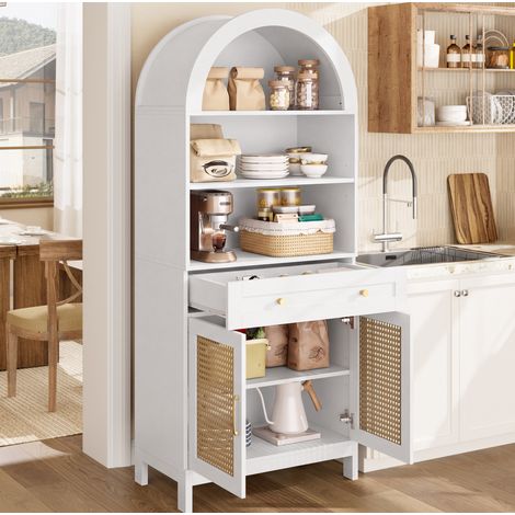 Vitrine arquée avec portes effet rotin, 70 x 40 x 170 cm, blanc et effet bois (1/5)