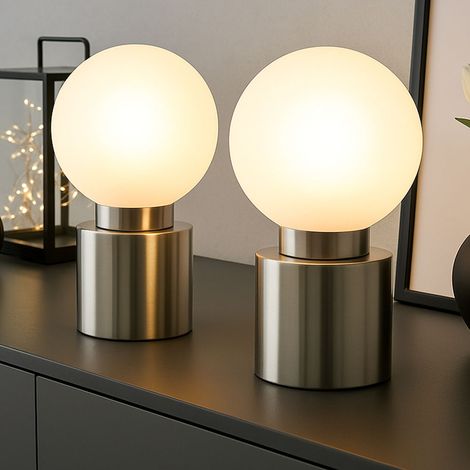 Tischlampe Tischleuchte Wohnzimmerlampe Nickel opal satiniert Nachttischlampe, Metall, Glas, 1x E14 Fassung, DxH 15x24,5 cm, 2er Set