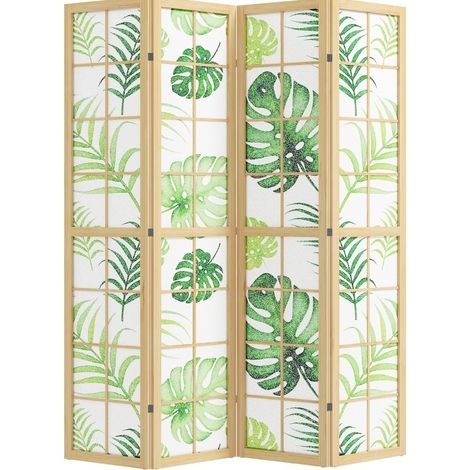Paravent pliant 4 panneaux bois de pin avec motif tropical palmier, 170 cm de haut, séparateur d’espace vert (1/5)