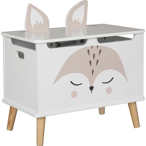 Atmosphera – Coffre à jouets renard blanc ludique – Dimensions L. 53 x P. 33 x H. 54,5 cm – MDF et bois de pin – Couvercle sécurisé avec fermeture douce