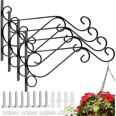 Lot de 4 Crochet mural, Support plante fer forgé, Design rétro noir, Charge 3kg, Pour jardin balcon intérieur (1/3)
