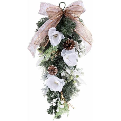 Ghirlanda natalizia con fiori bianchi, pigne e fiocco decorativo 66 cm (1/2)