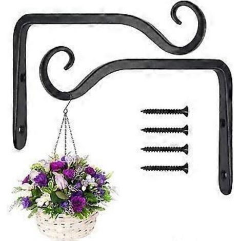 Lot de 2 crochets muraux noirs SZTXJ, supports de panier suspendu en fer forgé, support pour mangeoires à oiseaux/plantes/lanternes/carillons éoliens